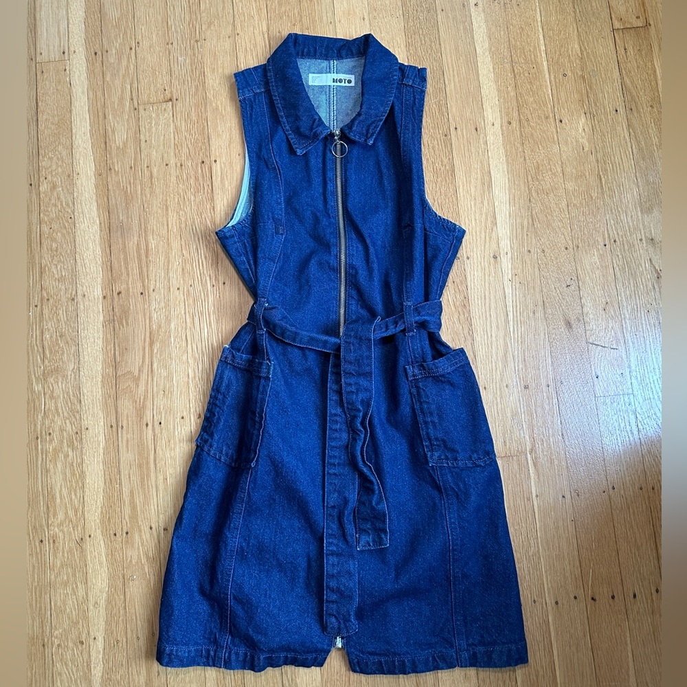 Topshop Denim Belted mini Dress with color in Dark Wash